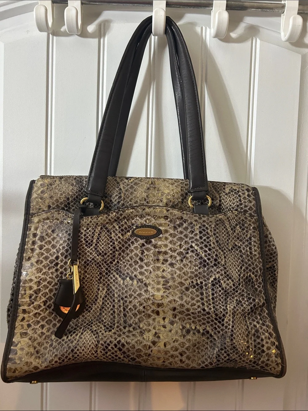 Tahari Brown Snake-Print Satchel with Black Handles
